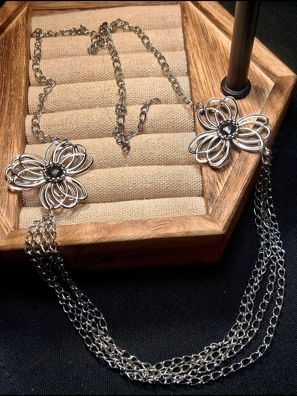 Silver Floral Multi-Chain Necklace with Black Crystal Centers 14"18" Ajustable